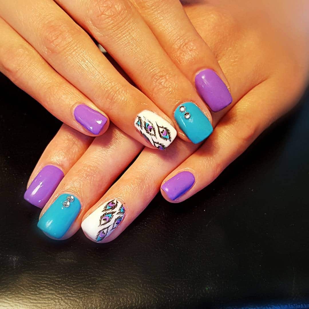 7. Purple and Aqua Peacock Nail Art - peacock nail ideas