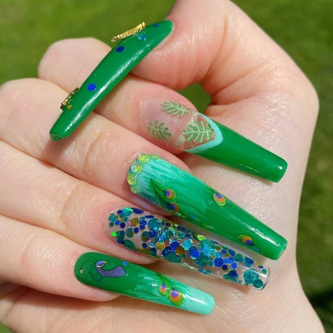 20. Green Peacock Glitter Long Nails - peacock nail ideas