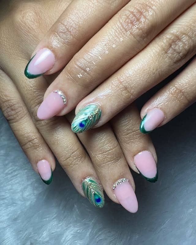 22. Soft Pink Peacock Feather French Nails - peacock nail ideas