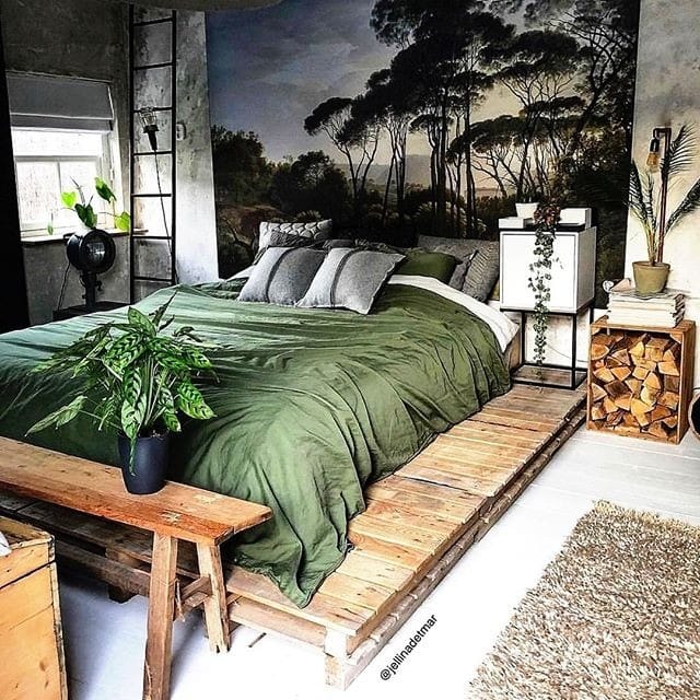 2. Woodland Platform Bedroom in Olive Green and Natural Wood - forest bedroom ideas