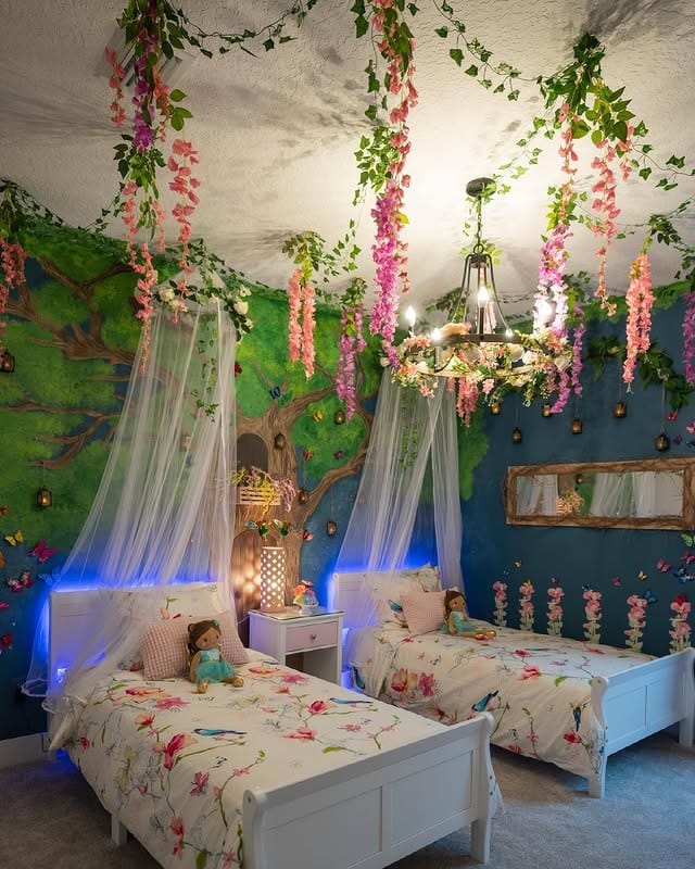 8. Enchanted Garden Bedroom in Soft Florals and Fresh Green - forest bedroom ideas