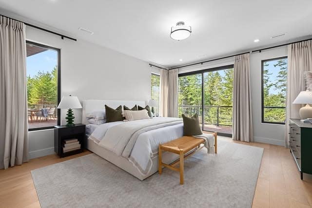 9. Modern Forest Retreat in Cream, Sage, and Light Wood - forest bedroom ideas