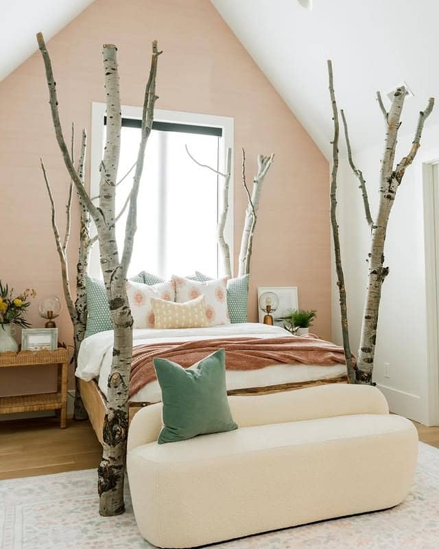 10. Organic Woodland Bedroom in Blush, Birch, and Soft Green - forest bedroom ideas