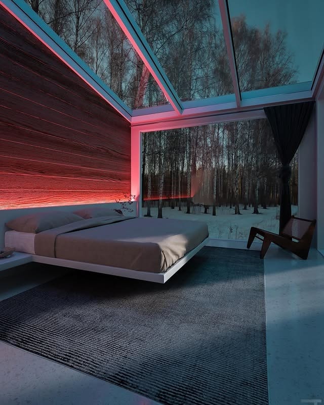 11. Winter Forest Glass Bedroom in Cool Gray and Soft Red Light - forest bedroom ideas