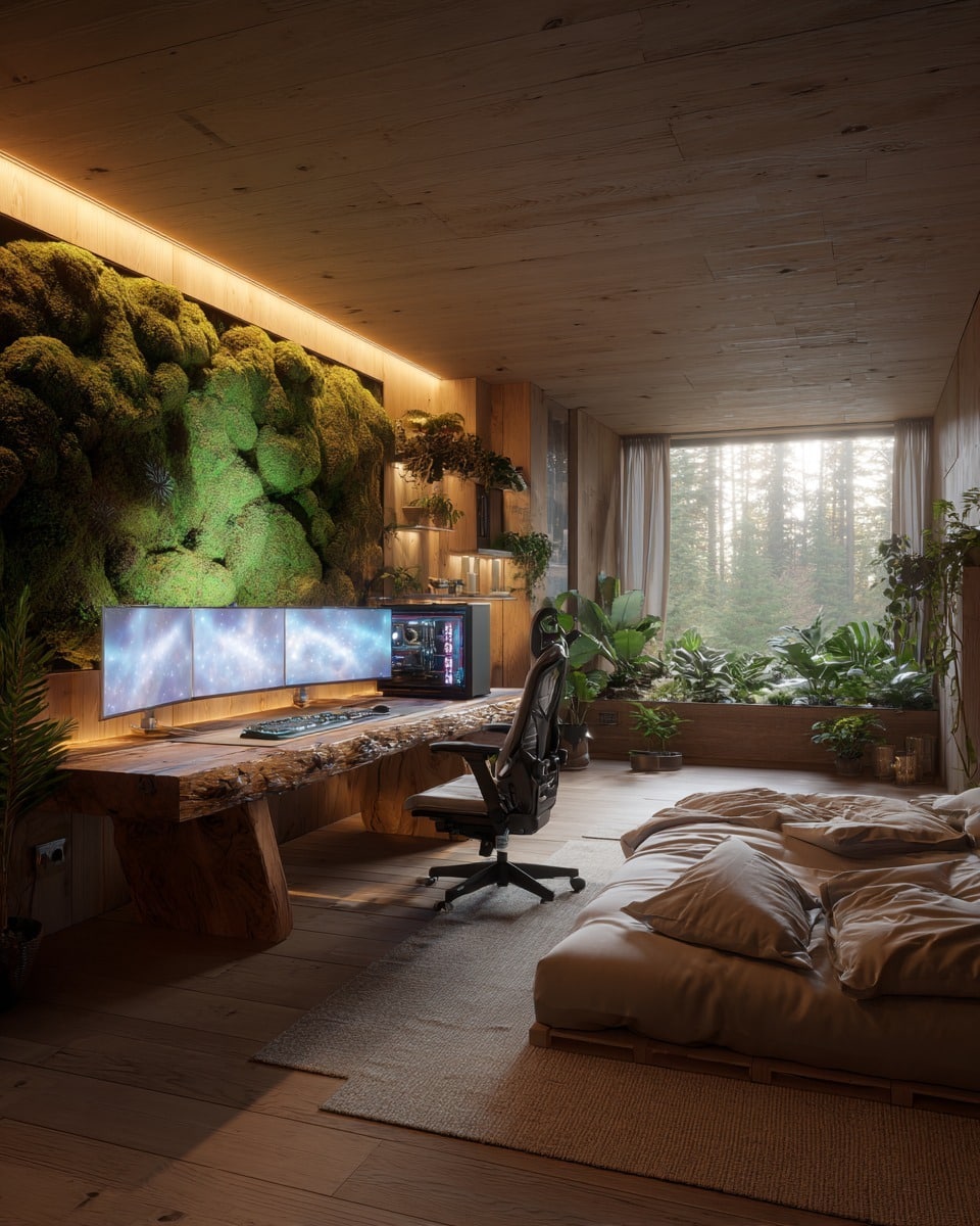 14. Organic Forest Loft Bedroom in Natural Wood and Lush Green - forest bedroom ideas