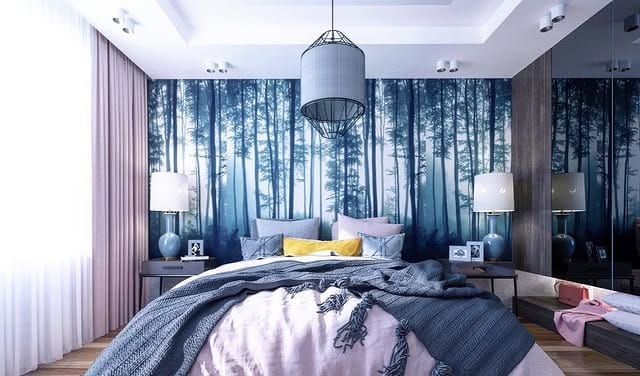 16. Contemporary Forest Wallpaper Bedroom in Blue Green and Soft Gray - forest bedroom ideas