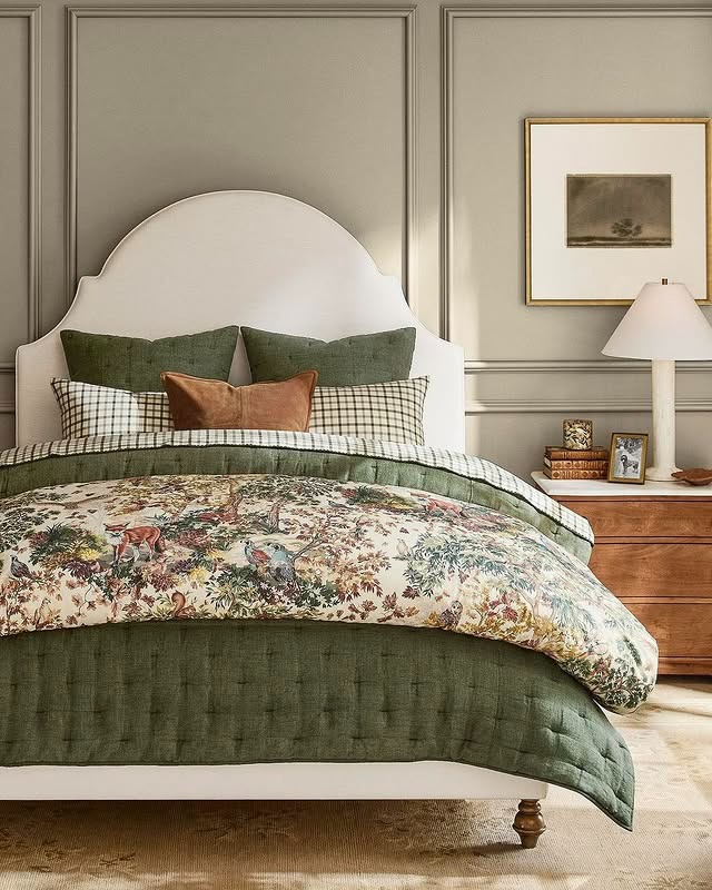 17. Traditional Woodland Bedroom in Sage Green and Warm Neutrals - forest bedroom ideas