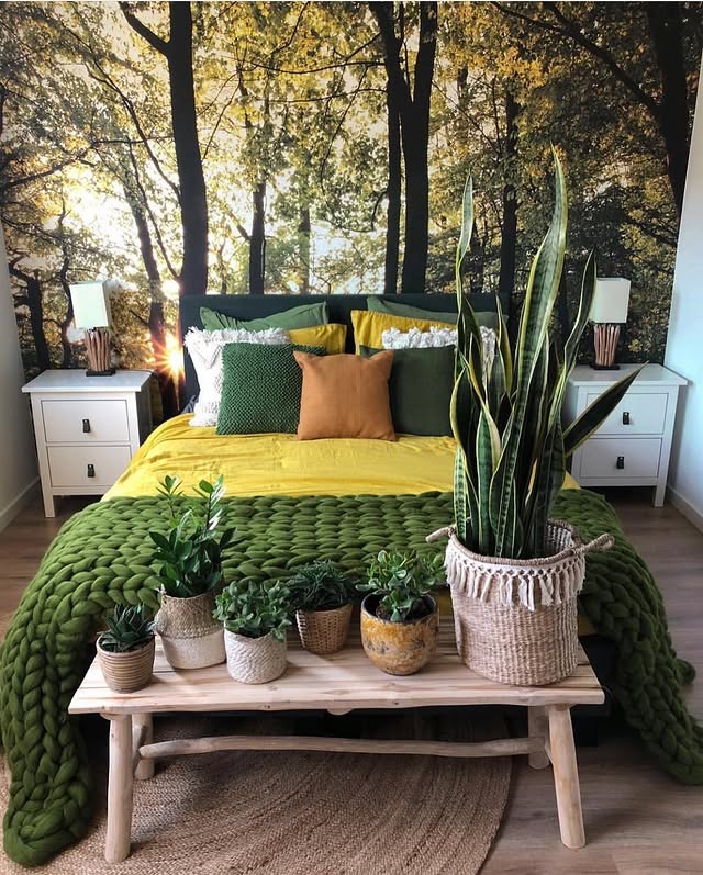 18. Nature Layered Bedroom in Green, Mustard, and Natural Fibers - forest bedroom ideas