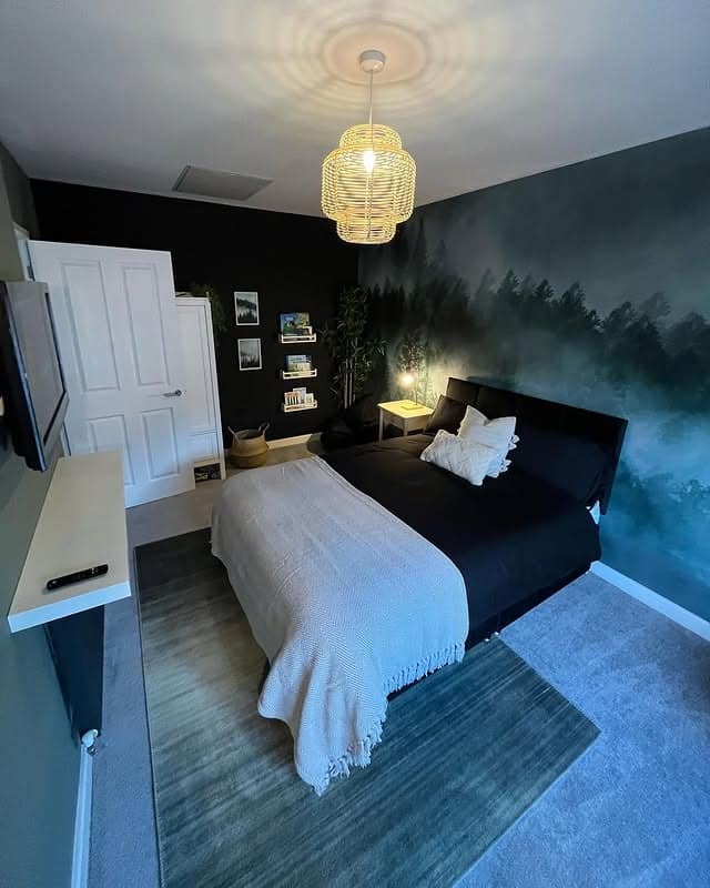 19. Dark Forest Accent Bedroom in Black, Soft Gray, and Pine Green - forest bedroom ideas