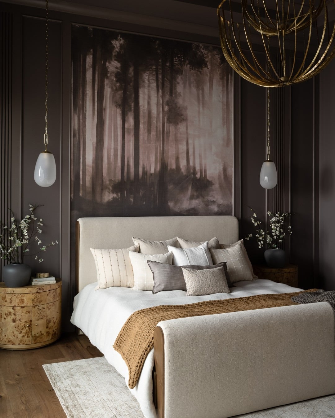 21. Elegant Forest Statement Bedroom in Warm Taupe and Soft White - forest bedroom ideas