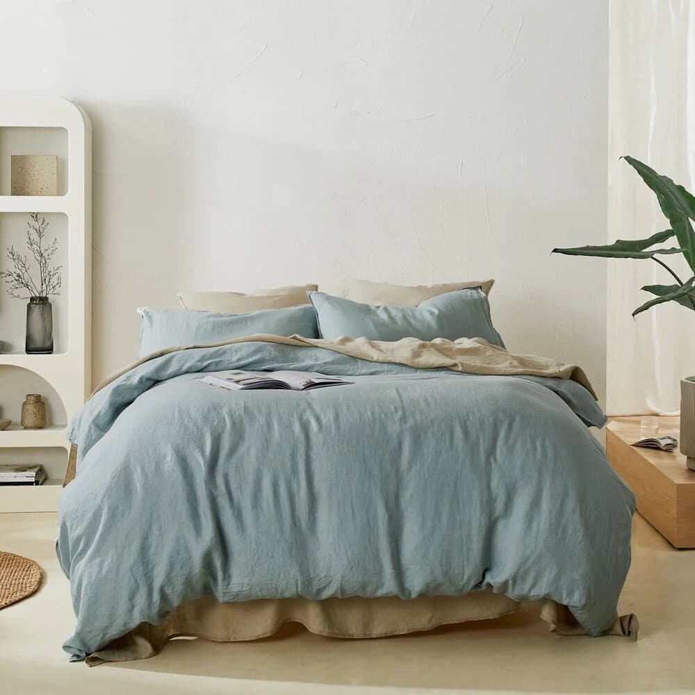 1. Soft European Linen Retreat in Dusty Blue and Sand - european style bedroom ideas