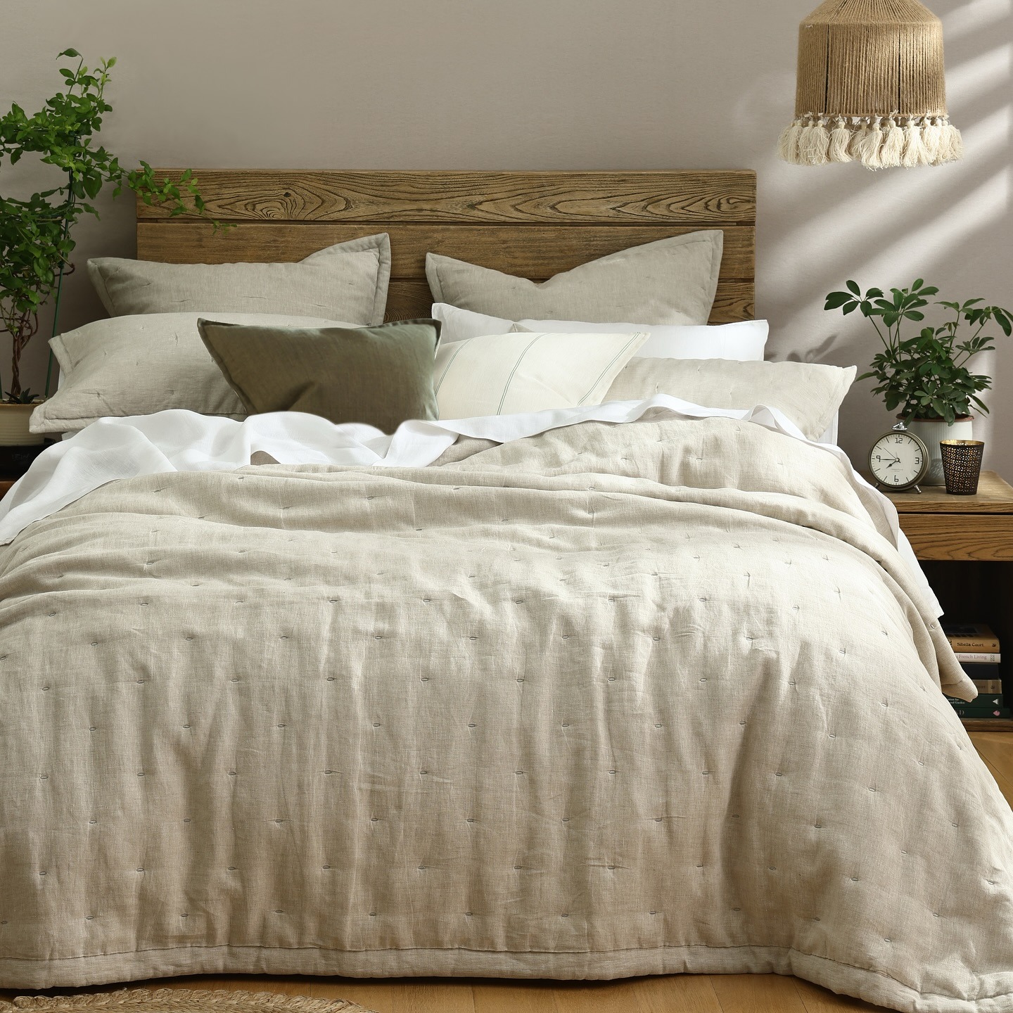 7. Minimal European Linen Bedroom in Oatmeal and Soft White - european style bedroom ideas