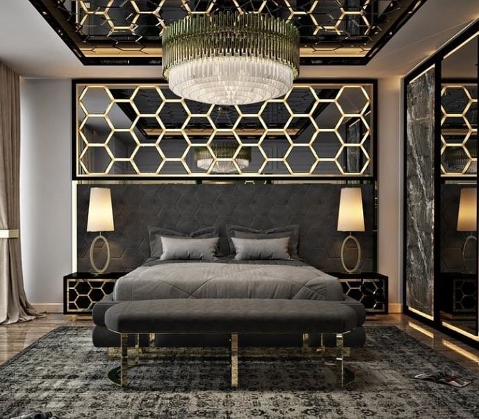 10. Contemporary European Glam Bedroom in Charcoal and Brass - european style bedroom ideas