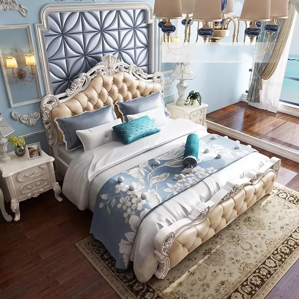 12. Ornate European Glam Bedroom in Powder Blue and Champagne - european style bedroom ideas