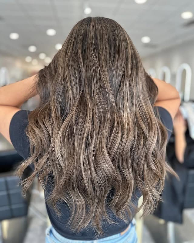 5. Long Ash Brown Balayage Waves - Ash Brown Hair Color
