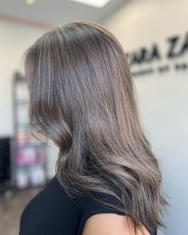 9. Sleek Ash Brown Lob - Ash Brown Hair Color