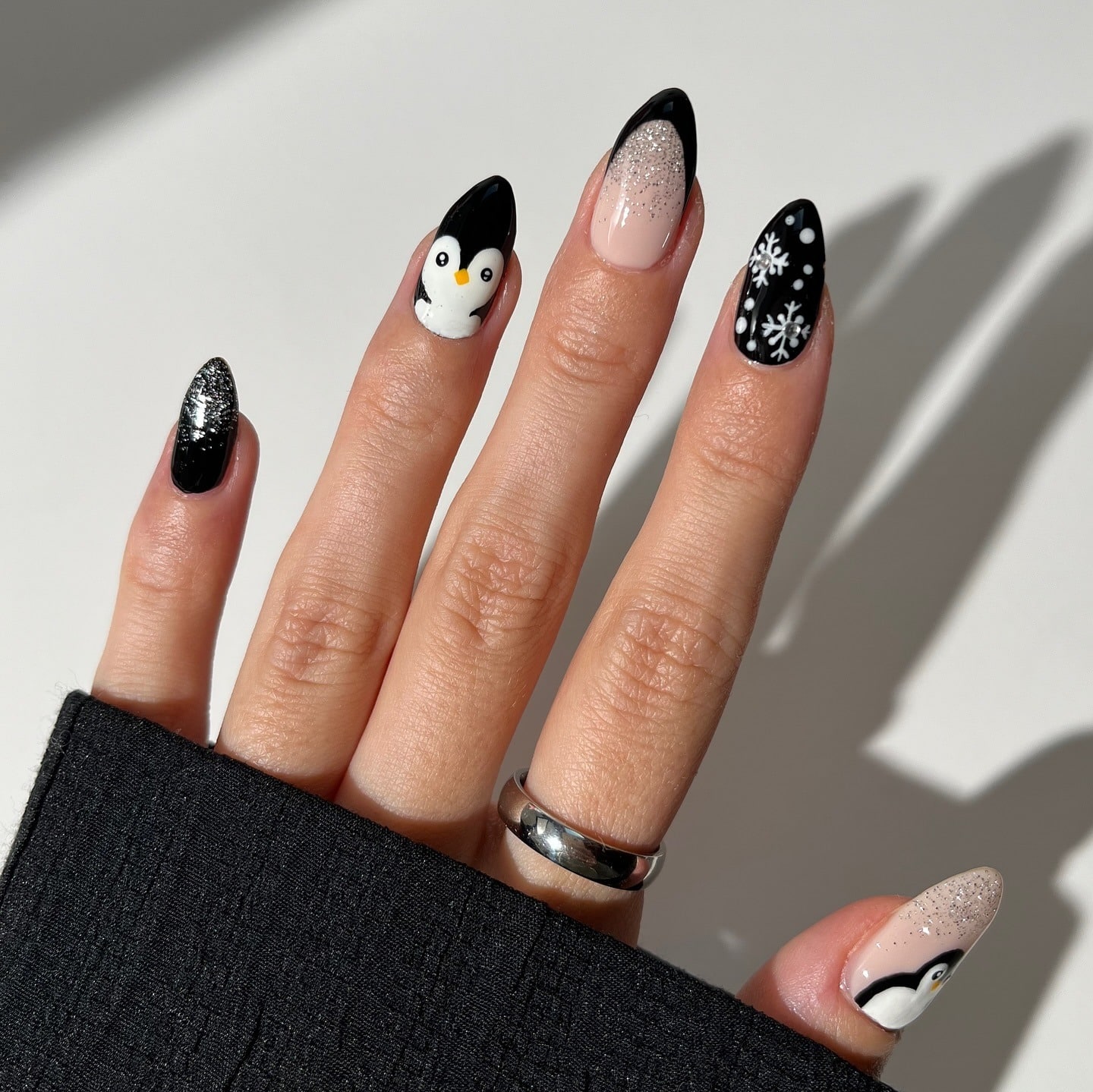 8. Midnight Blue Penguin Short Nails - penguin nail ideas