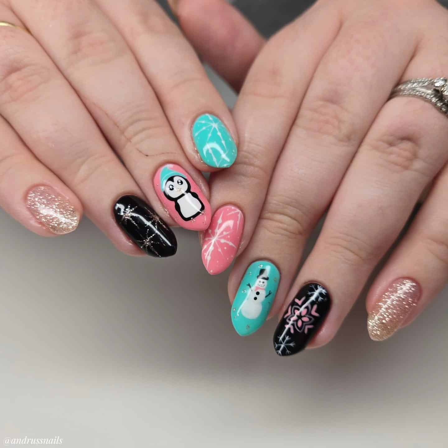 18. Pastel Penguin Mixed Winter Nails - penguin nail ideas