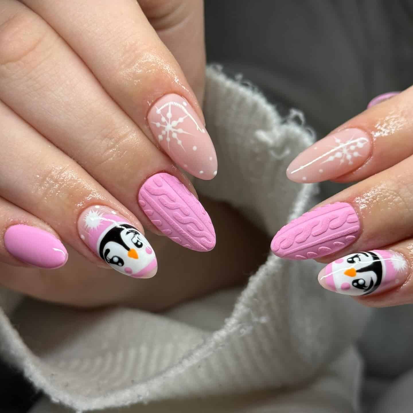 20. Soft Pink Penguin Sweater Texture Nails - penguin nail ideas