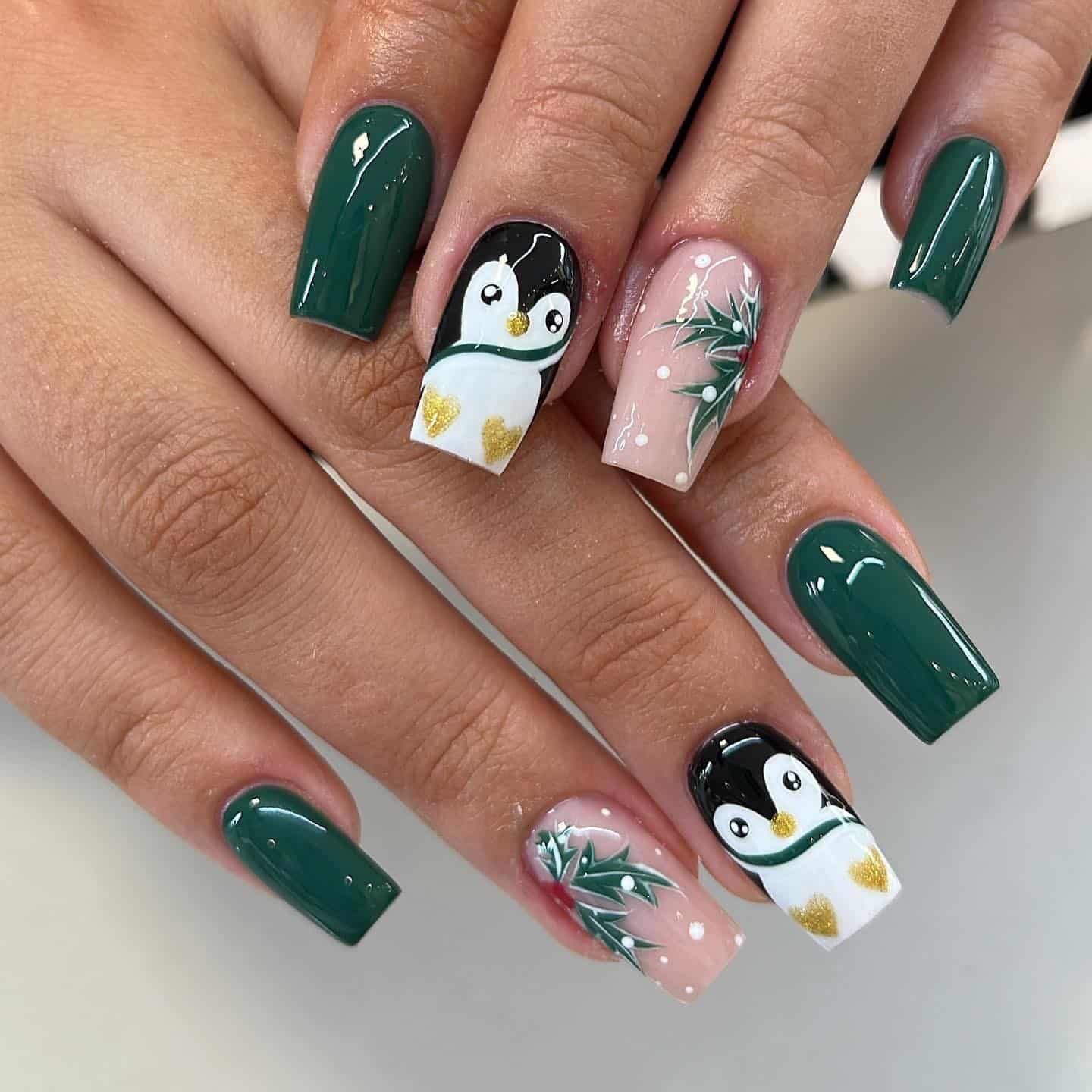 22. Forest Green Penguin Holiday Nails - penguin nail ideas