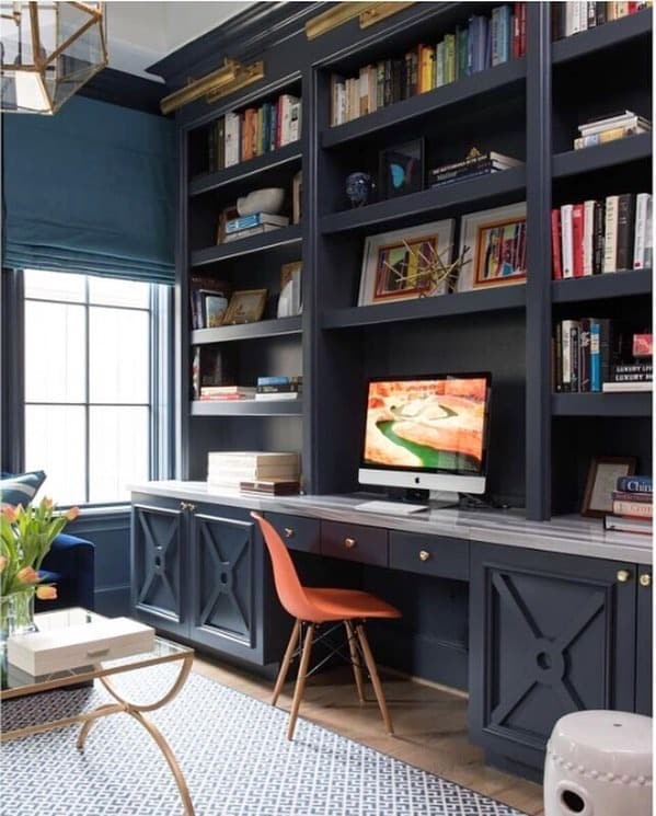 8. Navy Built-In Library with Soft Gray Seating - navy blue and gray living room ideas