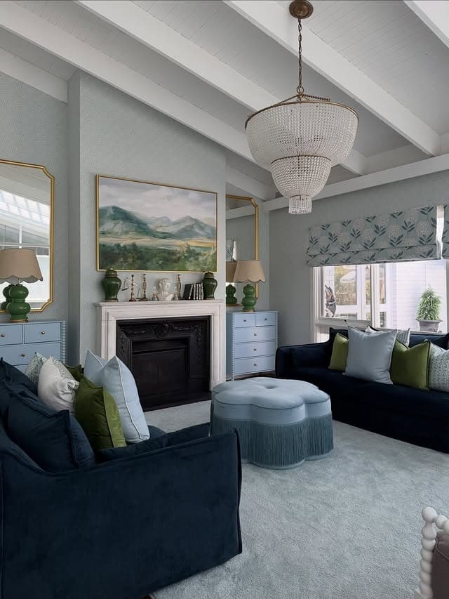 10. Layered Blue and Gray with Statement Lighting - navy blue and gray living room ideas