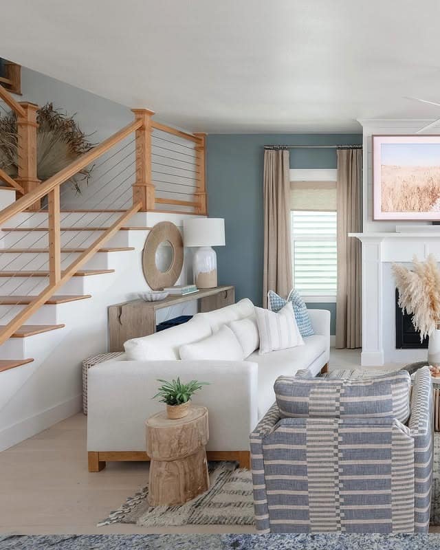 13. Coastal-Inspired Blue and Gray with Natural Wood Elements - navy blue and gray living room ideas