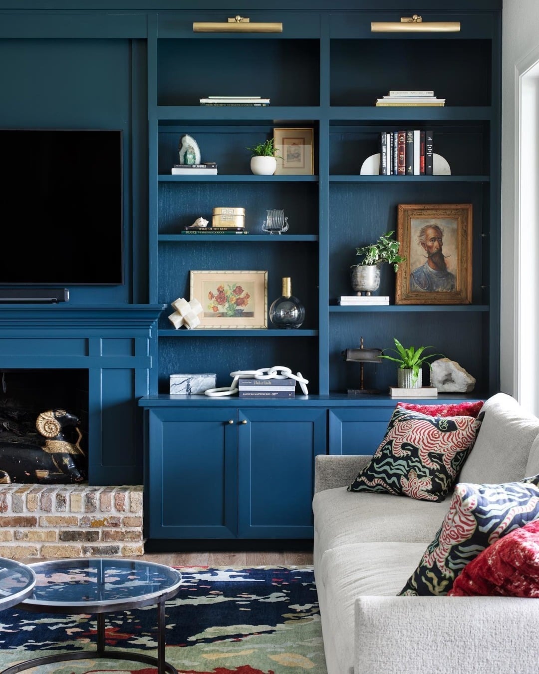 17. Custom Navy Built-Ins with Soft Gray Upholstery - navy blue and gray living room ideas