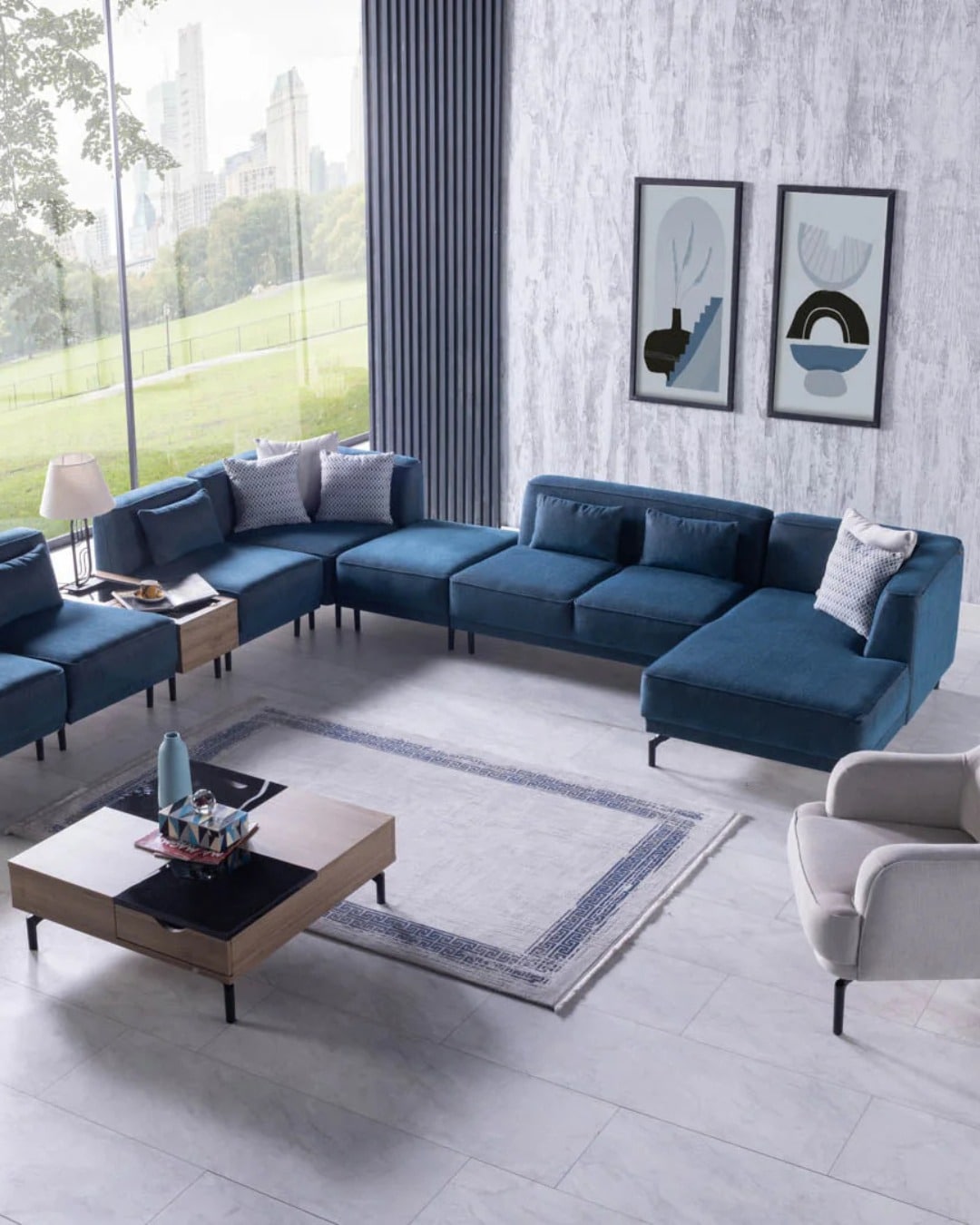 20. Minimal Blue Sectional with Textured Gray Finishes - navy blue and gray living room ideas
