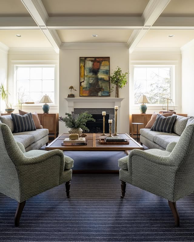 22. Classic Gray Living Room with Navy Area Rug - navy blue and gray living room ideas