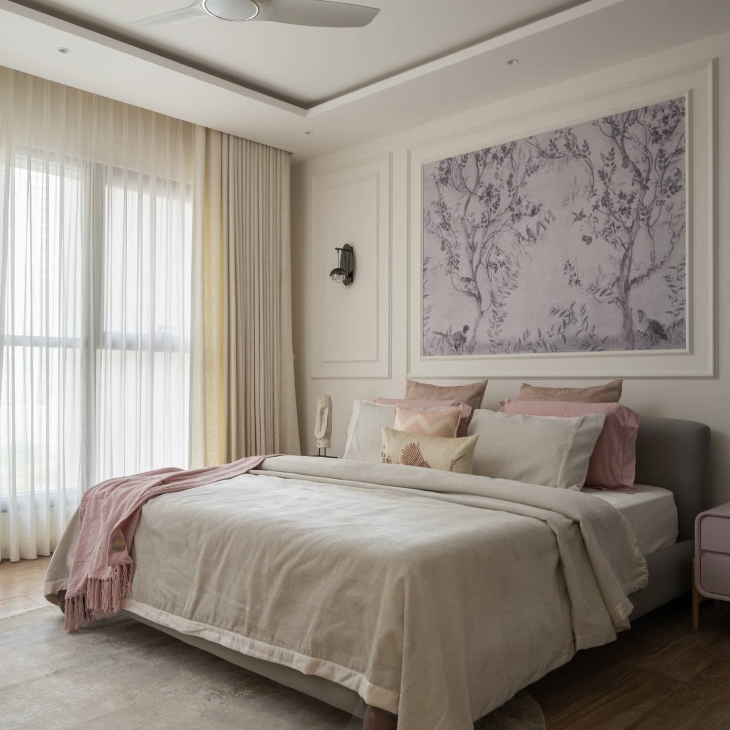 3. Elegant Pastel Neutrals with Classic Paneling - pastel bedroom ideas