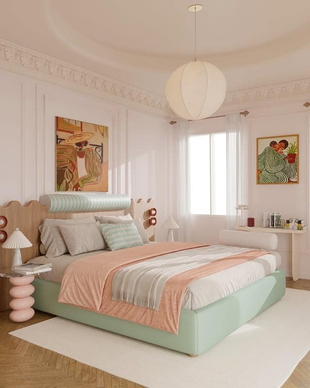 6. Playful Pastel Bedroom with Artful Accents - pastel bedroom ideas