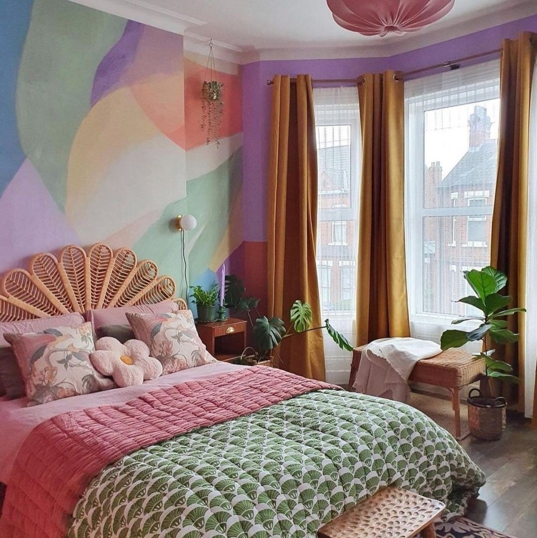 10. Artistic Pastel Bedroom with Bold Color Blocking - pastel bedroom ideas