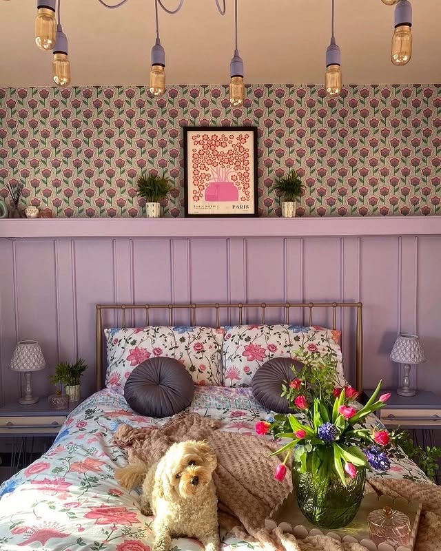 12. Lavender Cottage Bedroom with Floral Layers - pastel bedroom ideas