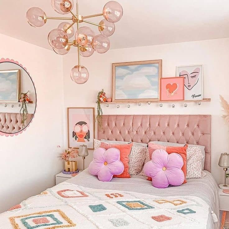 13. Blush Pink Glam Bedroom with Playful Art - pastel bedroom ideas