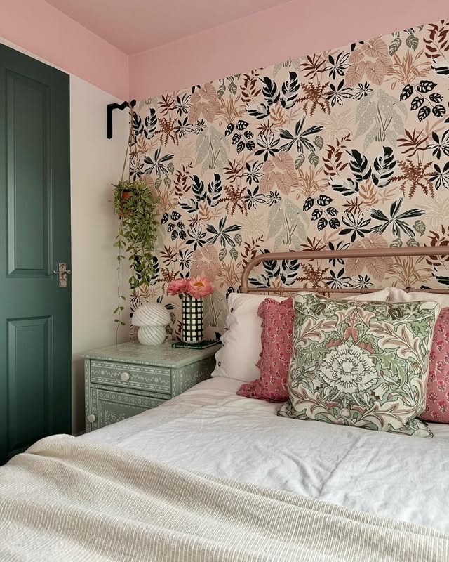 14. Botanical Pastel Bedroom with Vintage Details - pastel bedroom ideas