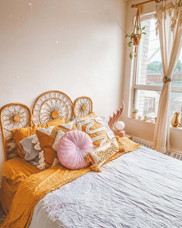16. Warm Ochre and Pink Bohemian Bedroom - pastel bedroom ideas