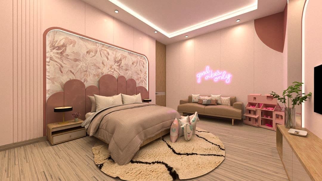 18. Soft Rose Feature Wall Bedroom Design - pastel bedroom ideas