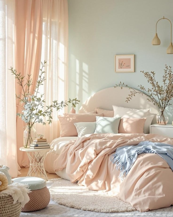 22. Blush and Sage Pastel Bedroom with Natural Light - pastel bedroom ideas
