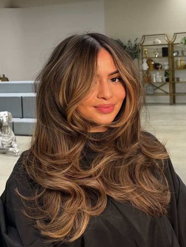 1. Soft Layered Blowout with Caramel Highlights - Medium Brown Hair with Highlights