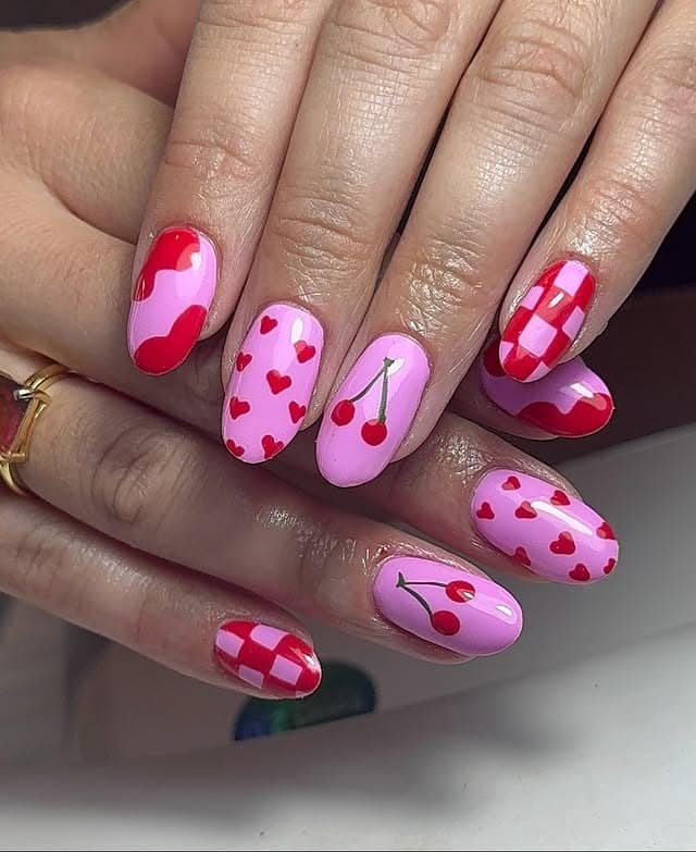 1. Pink Base Cherry Art & Red Accent Mix - pink and red nail ideas