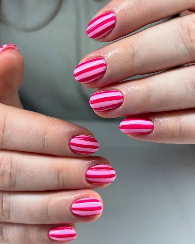 4. Candy Stripe Pink and Red Short Nails - pink and red nail ideas