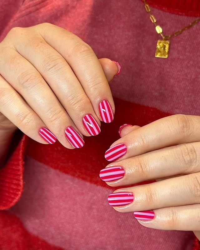 8. Pink and Red Fine Stripe Nail Art - pink and red nail ideas