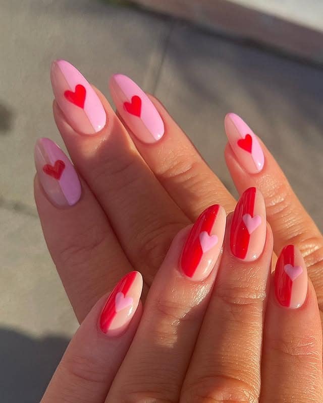 12. Pink Almond Nails with Red Heart Details - pink and red nail ideas