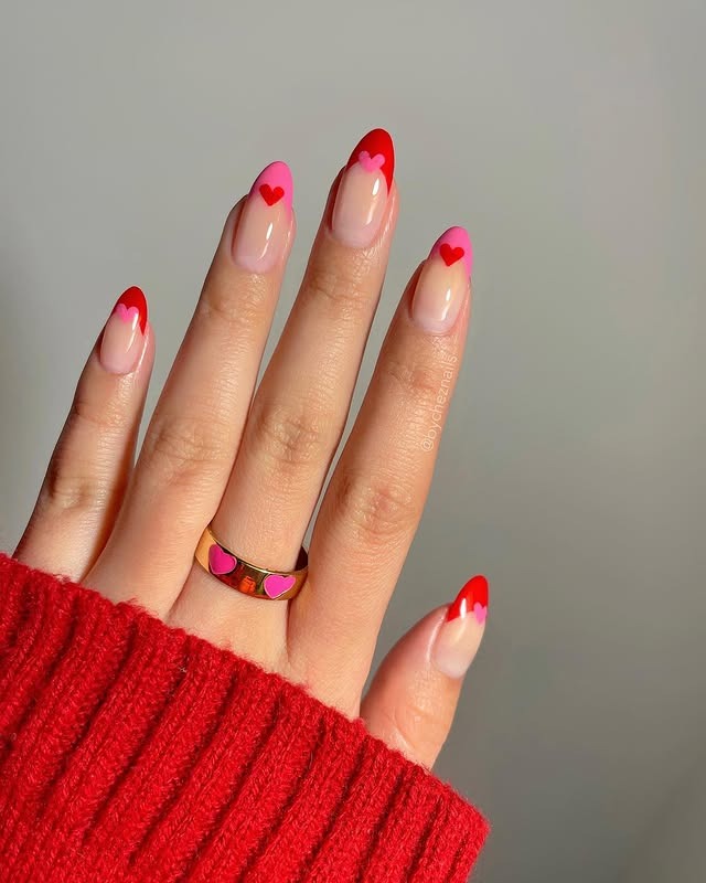 13. Pink French Tips with Red Heart Accents - pink and red nail ideas
