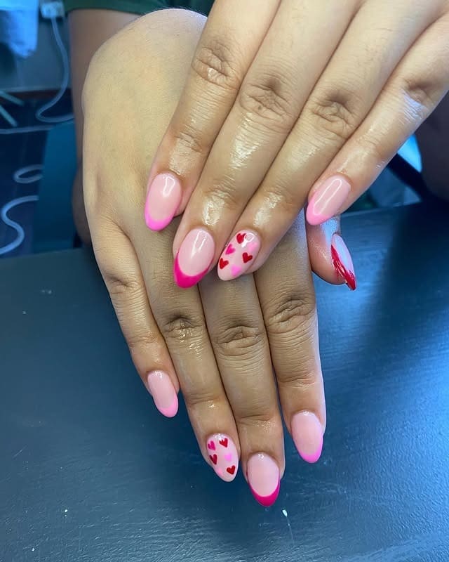 15. Pink French Nails with Red Heart Cluster Art - pink and red nail ideas