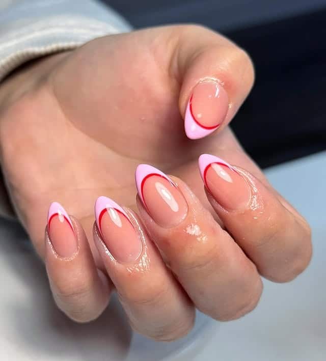 21. Pink French Tip Nails with Red Micro Outline - pink and red nail ideas
