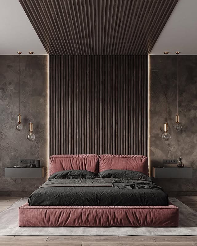 1. Moody Burgundy with Architectural Slats - burgundy bedroom ideas