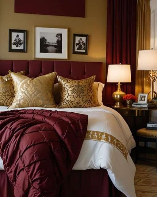 5. Burgundy and Gold Hotel-Inspired Styling - burgundy bedroom ideas