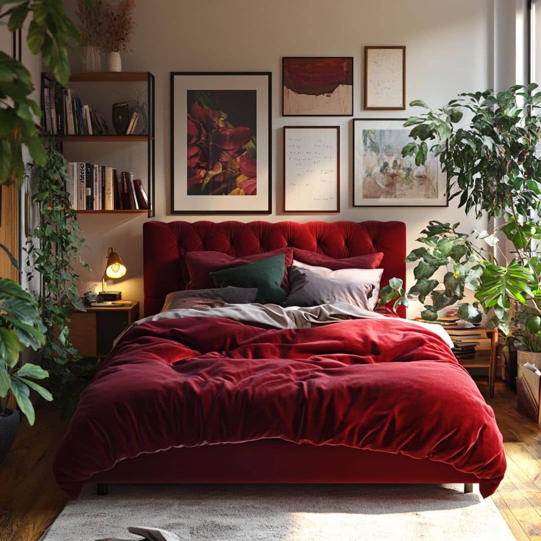 12. Burgundy Upholstery with Botanical Styling - burgundy bedroom ideas